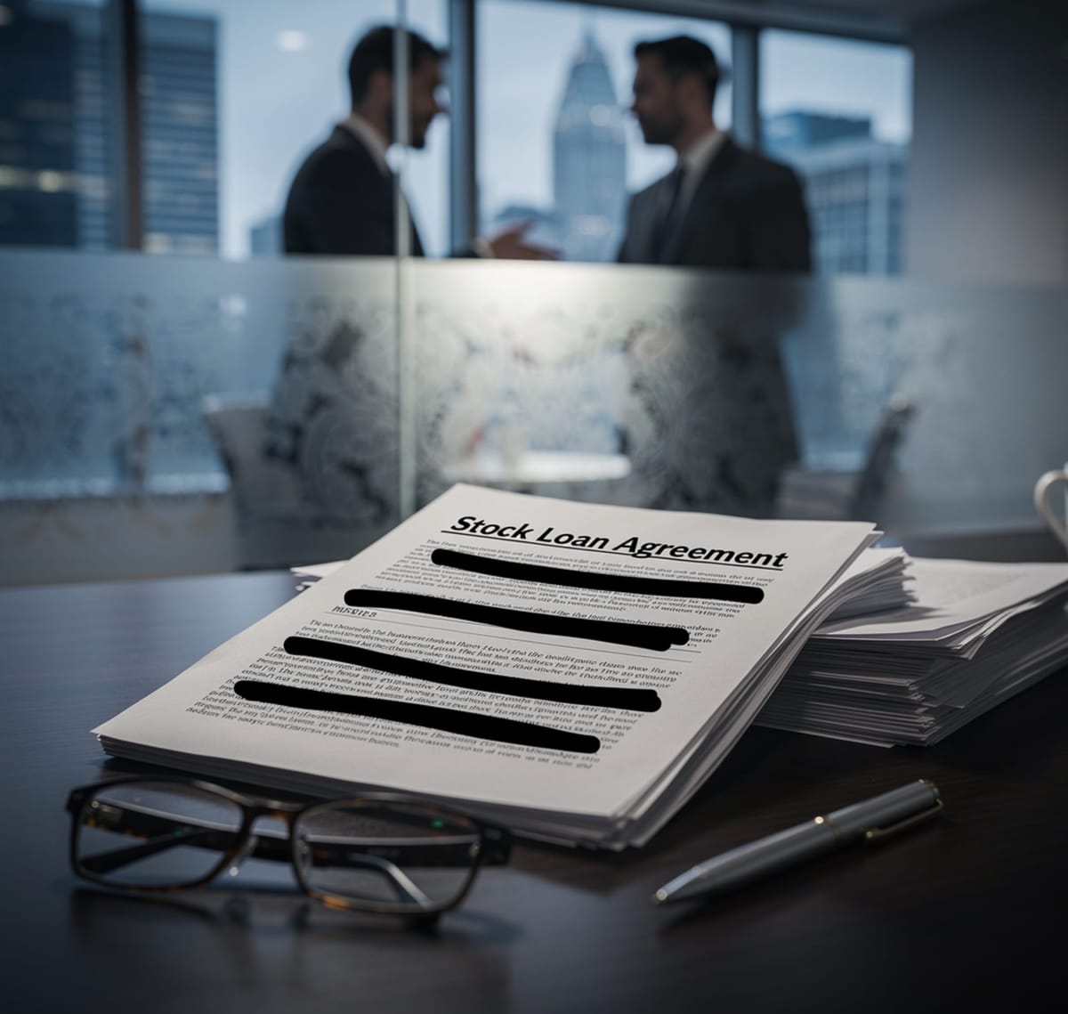 Illustration of a stock loan agreement in an office
