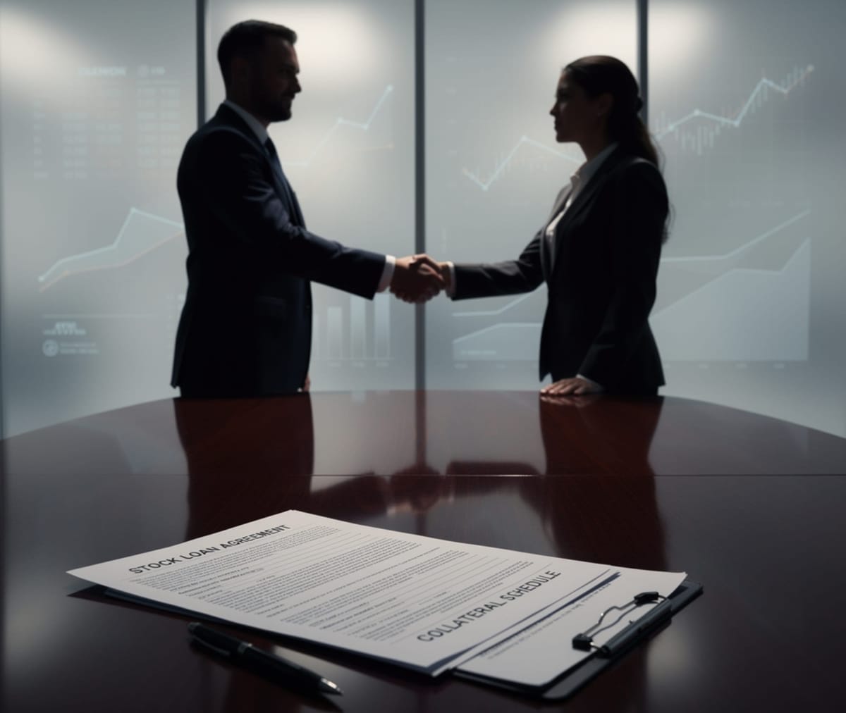 The picture shows people shaking hands in an office after signing a deal within stock the loan market