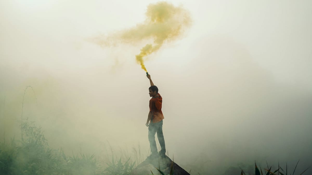 Illustration of the guy on top of the mountain is signaling within stock loan market