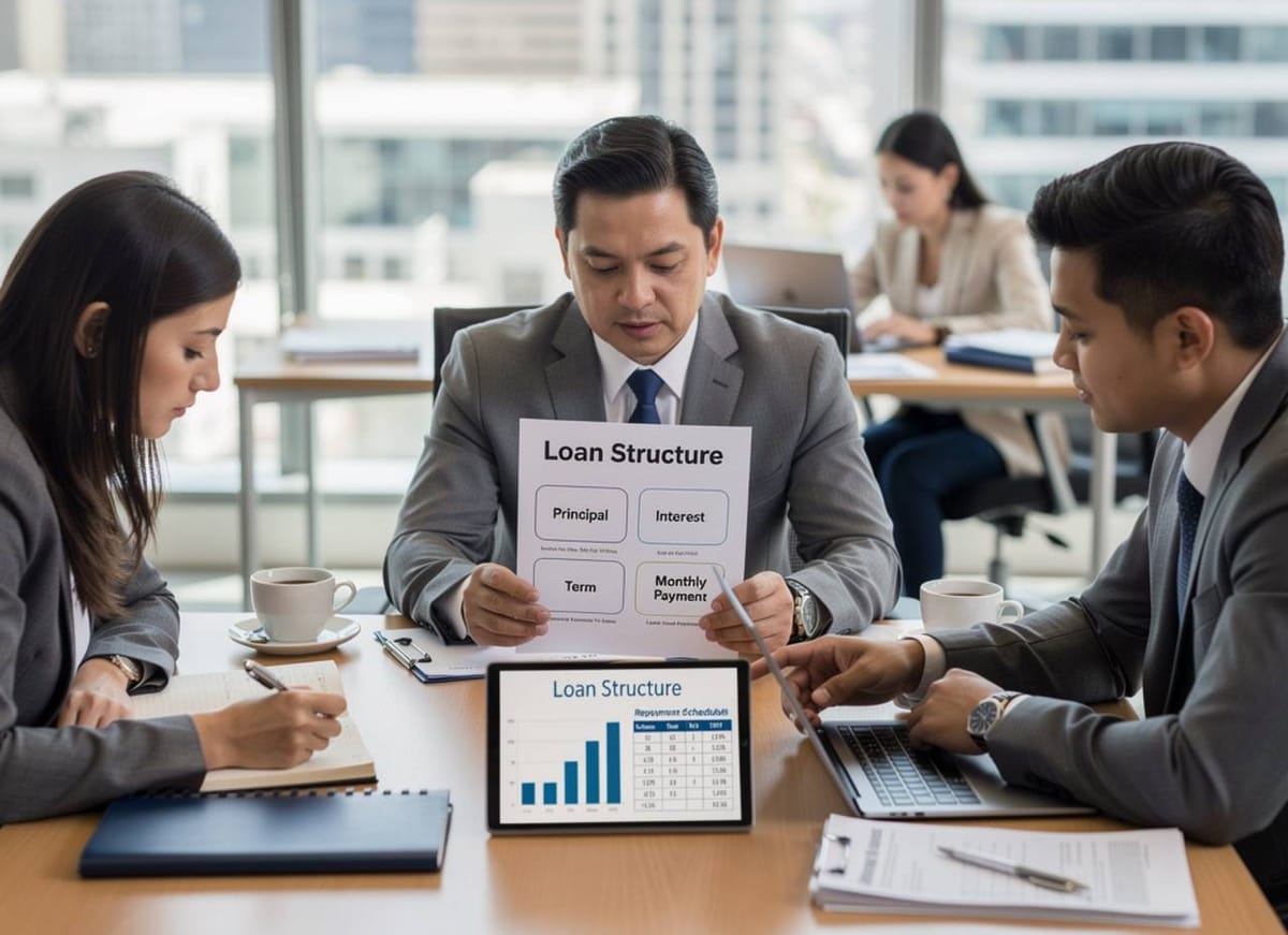 Illustration of people in an office discussing the structure of a stock loan