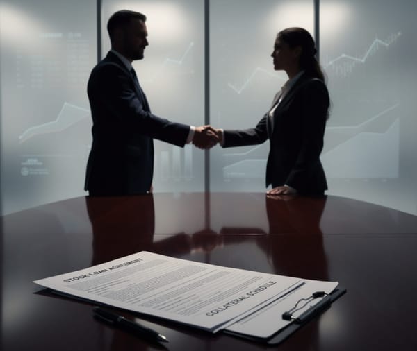 The picture shows people shaking hands in an office after signing a deal within stock the loan market